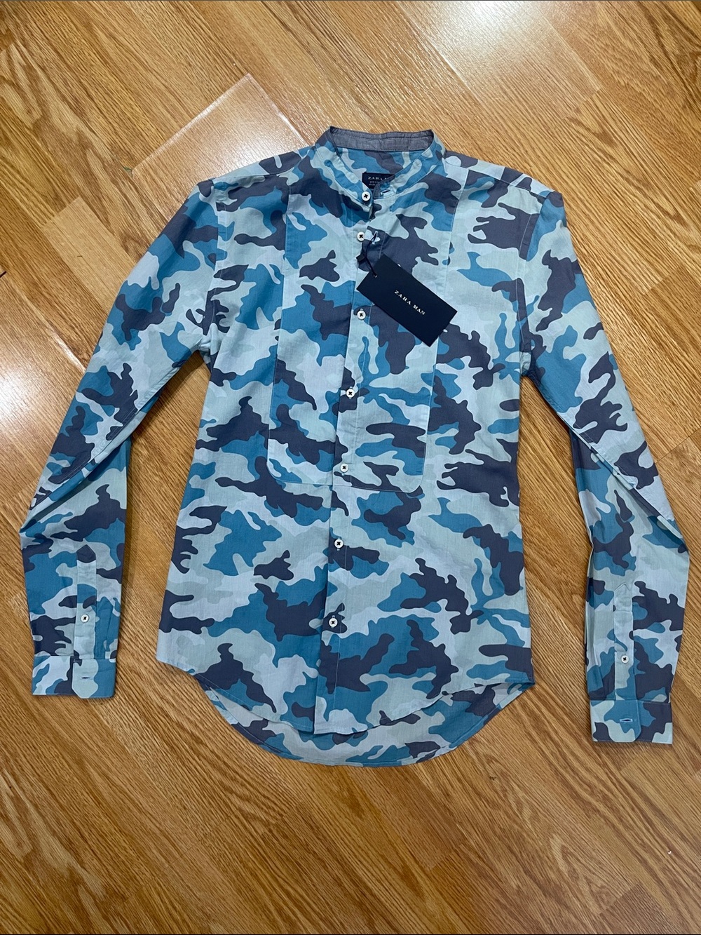 Zara Blue & Gray Camo Button-Down Mandarin Collar Shirt